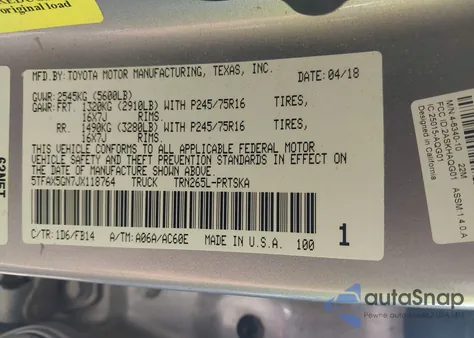 2018 Toyota Tacoma Sr z USA, uszkodzony, nr VIN 5TFAX5GN7JX118764